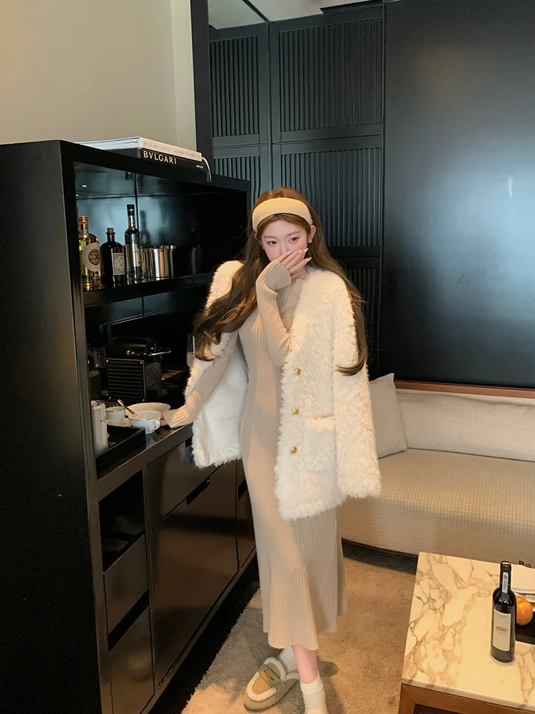 

Chen DaYu Women's Thiened Lamb Fur Jaet Warm Loose Sle Autumn Winter Outerwear V-Ne Long Sve Single Piece