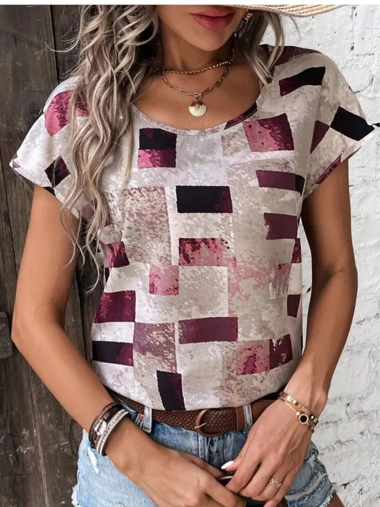 

Summer New Women's T-Shirts Fashion Plaid Print Casual Short Sleeve Tee Vintage Casual T Shirt Female Pullover Tops Clothing