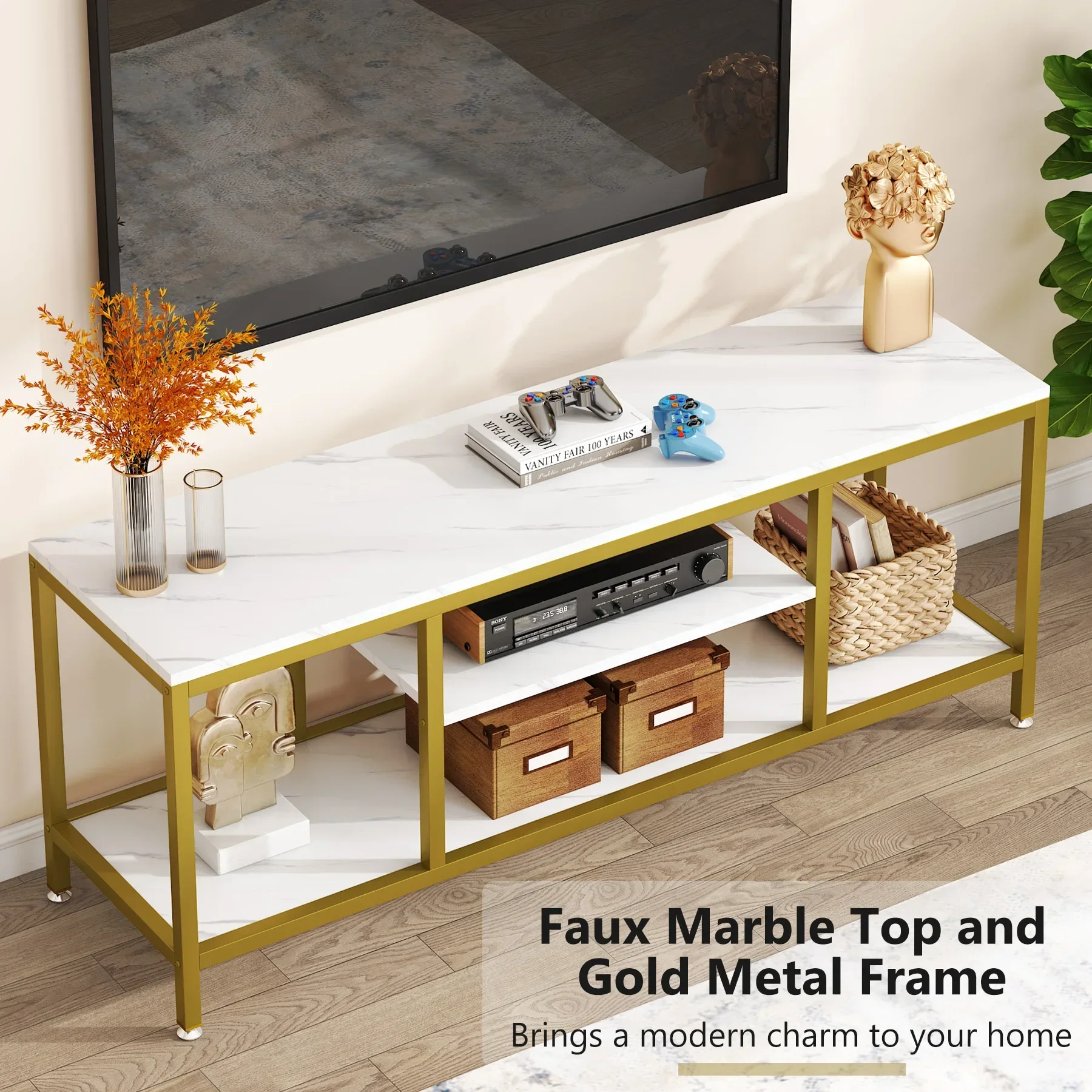 Tribesigns TV Stand, 59 Inches Gold 3-Tier TV Console for TVs Up to 65" with Faux Marble Veneer, Sofa Console Entryway Table