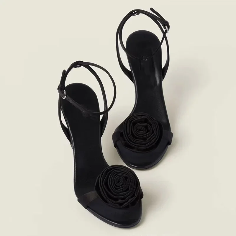 French Open-Toe Rose Flower Satin Pumps Sexy Fairy Style Buckle Sandals Black Women Shoes Sandalias Mujer Verano