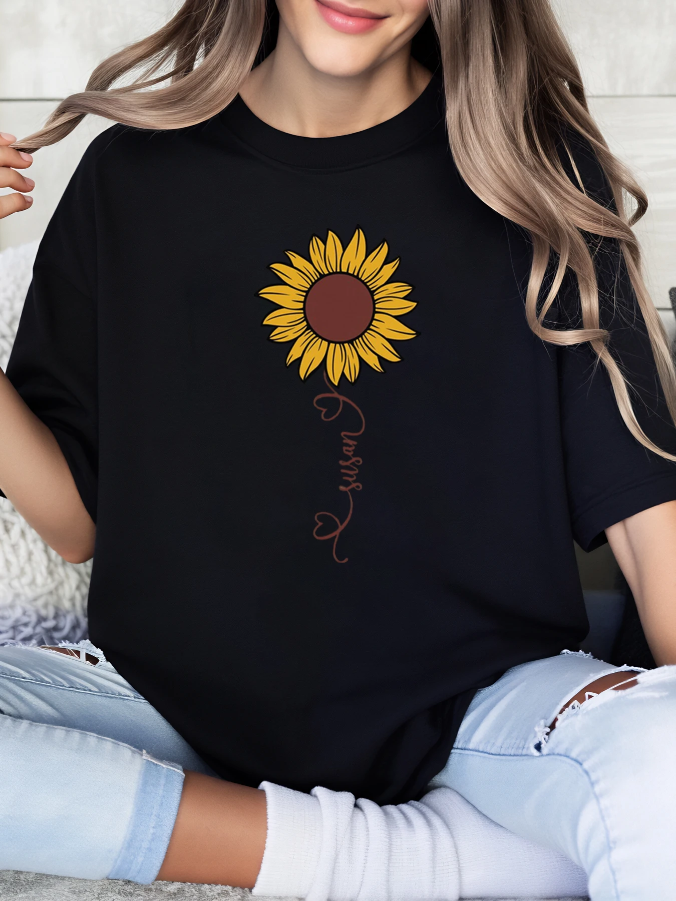 Sunflower and Name Print Mother's Day T-Shirt Women Casual Wear Black Plus-Size