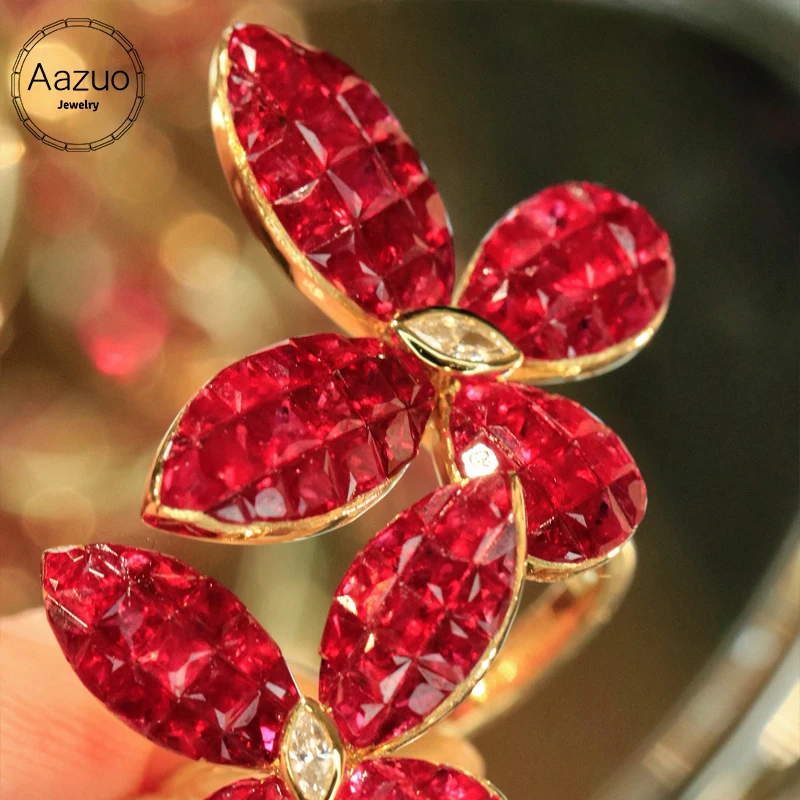 Aazuo Luxury Jewelry 18K Solid Yellow Gold Natrual Ruby Real Diamonds Senior Flower Ring Gifted For Woman  Deluxe Banquet Party