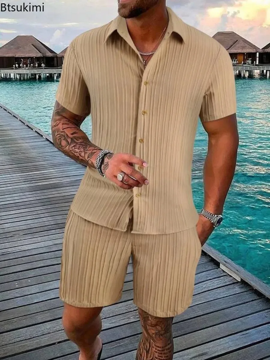 New2024 Men\'s Summer Casual Sets Solid Stripe Two Piece Short Sleeve Shirts+Short Pants Suits Man Sport Beach Casual Shorts Sets