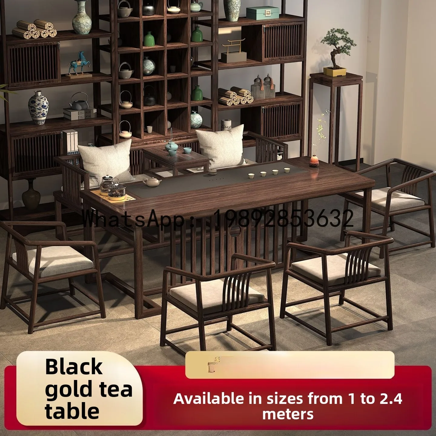 CZ  Chinese Style Black Gold Tea Table and Chair Set One Table Five Chairs Office Tea Set Integrated Home Solid Wood Tea Table