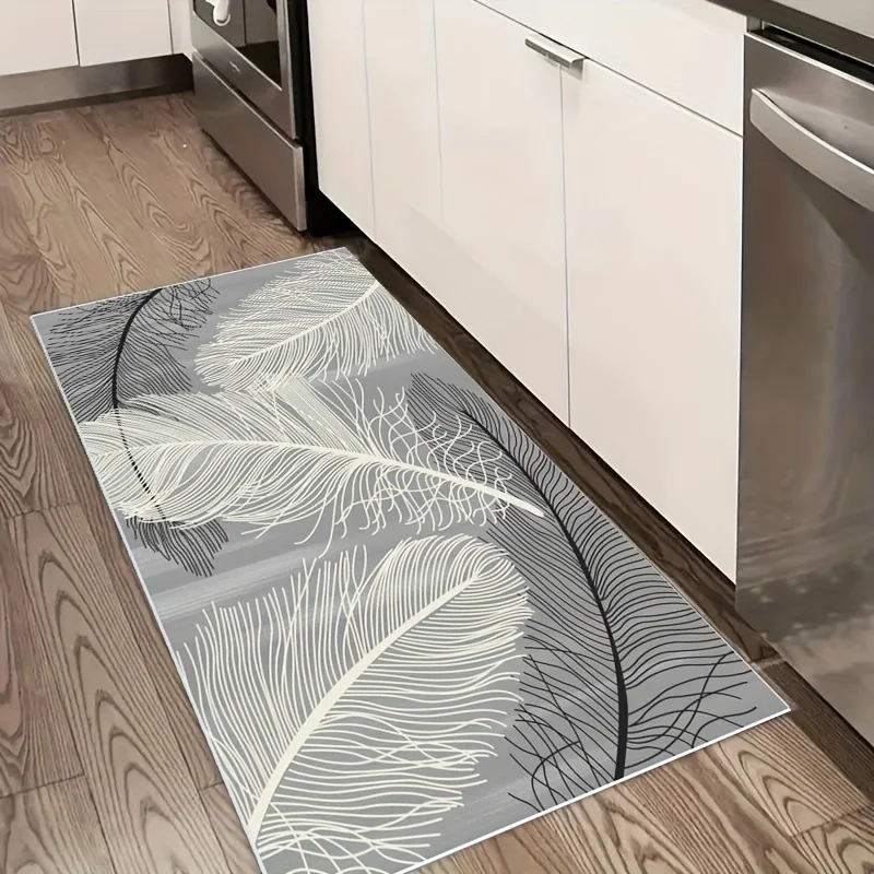 VIKAMA Light Gradient Grey Line Feather Long Runner Mat Anti Slip Waterproof Stain Resistant Corridor Floor Rug Home Decor