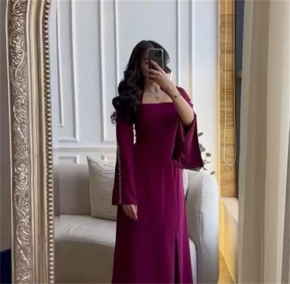 Long Sleeves Eleagnt Prom Dresses Simple Exquisite Square A-line Beading Satin Formal Occasion Gown Floor Length  Party Wedding