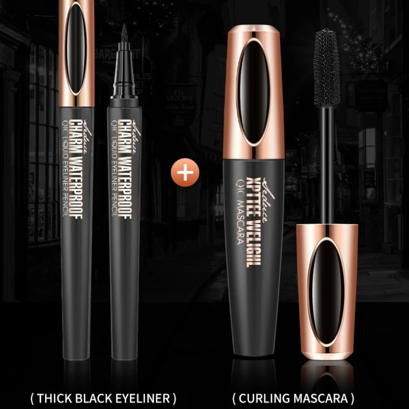 Professionele 2-in-1 Mascara en Eyeliner Set Volumizing 4D Verlenging Waterdicht Smudge Proof voor Natuurlijke Gekrulde Wimpers Make-up