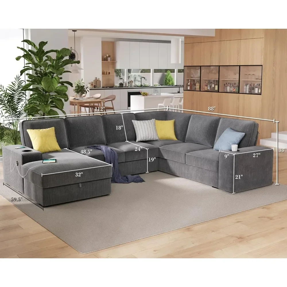 Sectional Sofa Oversized Sofa with Storage Chaise U Shaped Sofa Couch with USB Ports Corduroy Couch