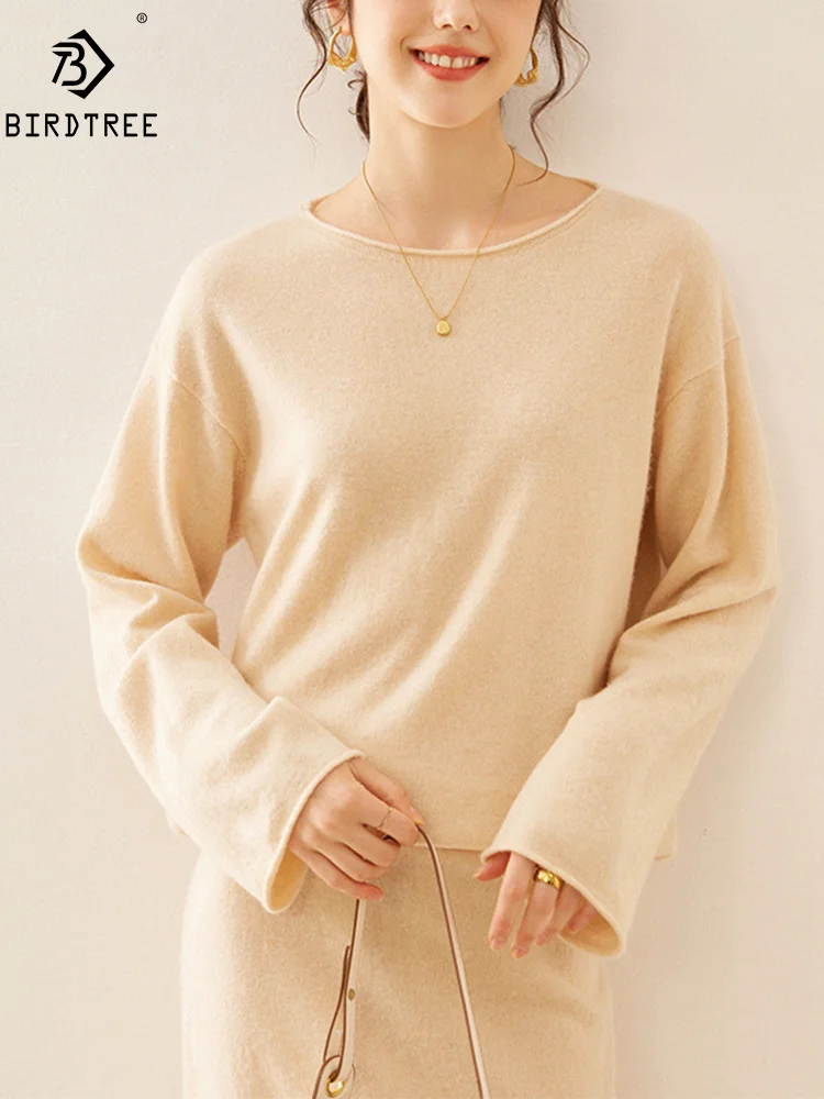 

BirdTree, 12G Cashmere Wool Elegant Knitted Sweaters, Women O-Neck Solid, Fashion Loose OL Sweater, Autumn Winter Top T485120QM