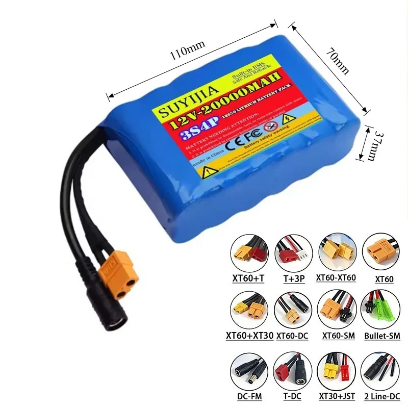 3S4P 12V 40A BMS Orline Battery 18650 20000mAh Lithium Ion High Capacity Battery XT60 Dc5521 400W High Power Motorcycle Lamp