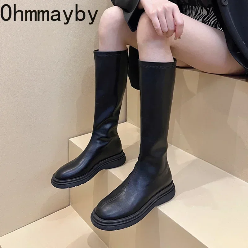 Winter Cotton Women\'s High Boots Fashion Soft Leather Back Zippers Long Botas Ladies Comfort Short Plush Knee High Booties