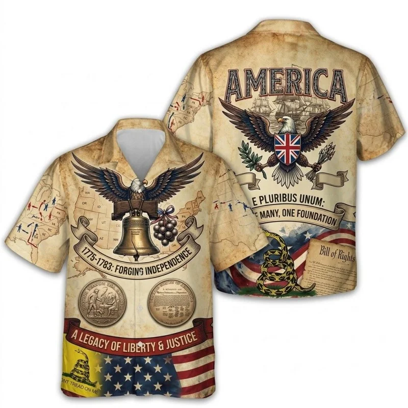 USA 250 Year Of Freedom Vintage Hawaiian Shirt For Men 3D Printed Patriotic Eagle Flag Summer Button Blouses Lapel Aloha Shirts
