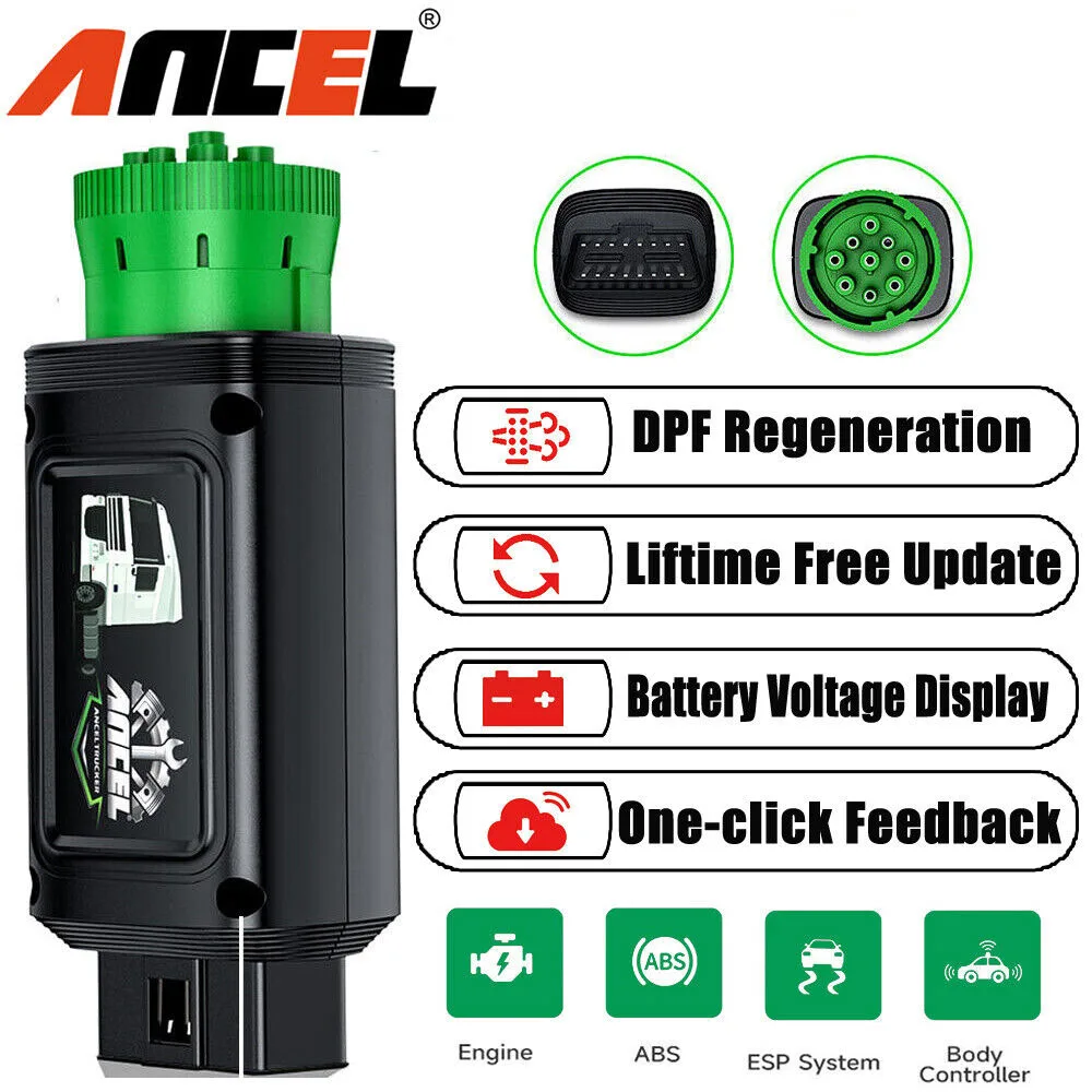 ANCEL HD120 Bluetooth Heavy Duty Truck Scanner 9/16 Pin D.P.F Forced Regen for International & Volvo All System Diagnostic Tool