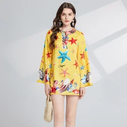 Summer Runway Holiday Beach Short Dress Women's O-Neck Long Flare Sleeve Conch Starfish Print Boho Loose Robe Female Clothing