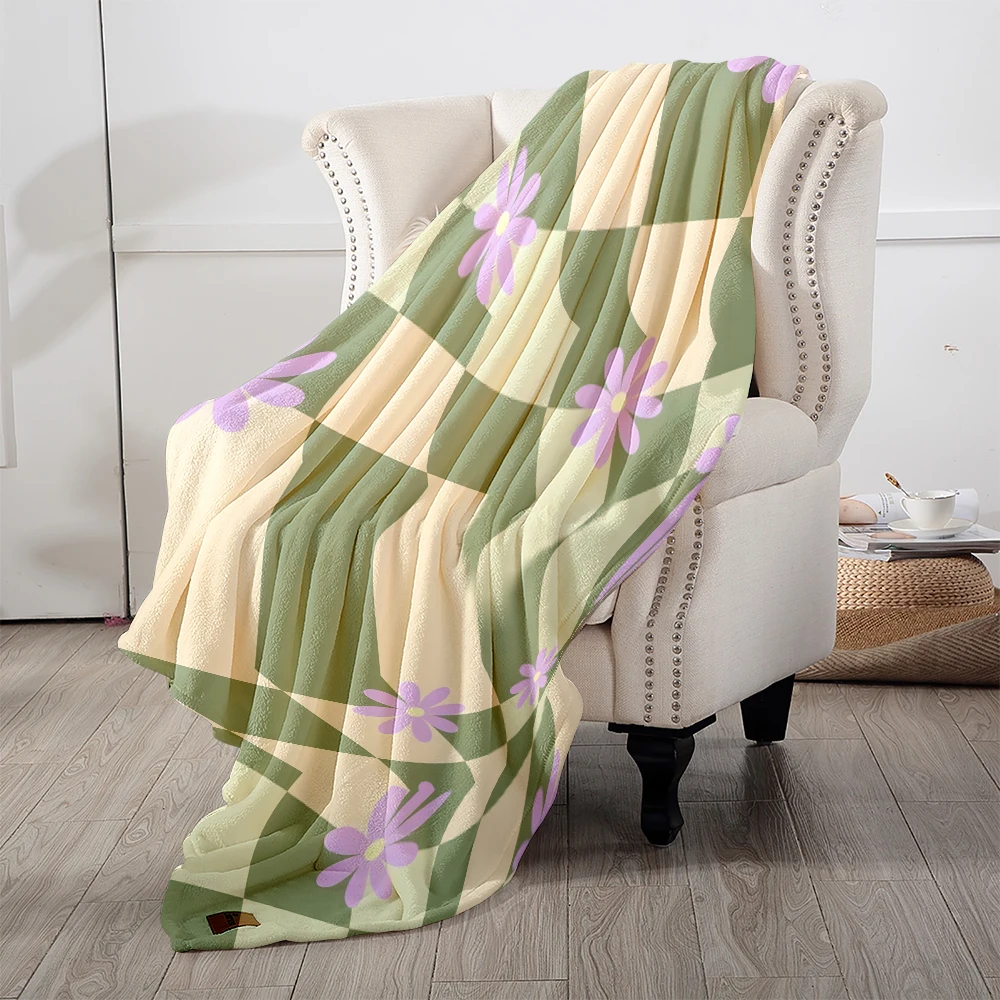 Green Checker Daisies Super Soft Flannel Blanket Fuzzy Warm Throw Blanket for Bed Couch Cozy Plush Bed Cover All Season