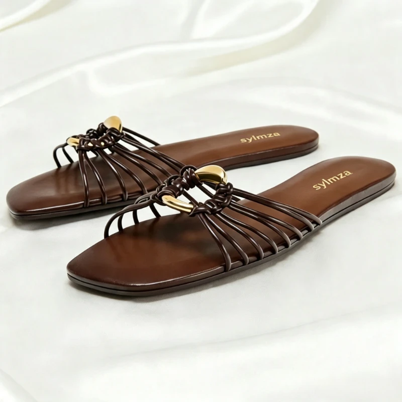 Luxury Metal-decorated Flat Sandals for Women Unique Narrow Strap Design Flat Light Comfortable Women's Shoes Summer Beach Shoes