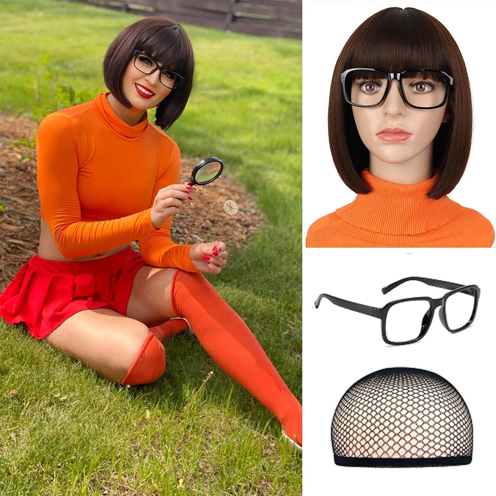

Synthetic Straight Bob Wig with Bangs Costume Brown Machine Made Fiber for Women Girl Cospaly Velma Daily Party Halloween Use