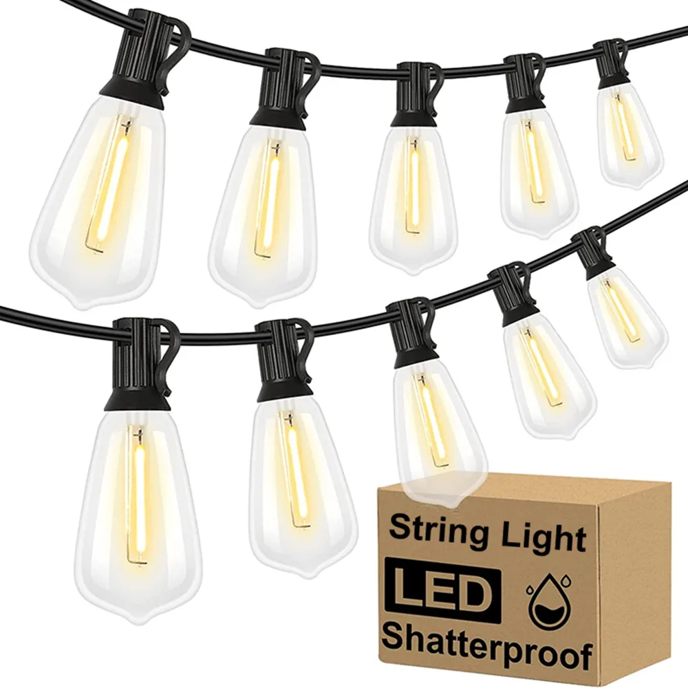 LED Outdoor String Lights ST38 with 50 Shatterproof LED Bulb Party Lights Waterproof Patio Lights String for Holiday Wedding