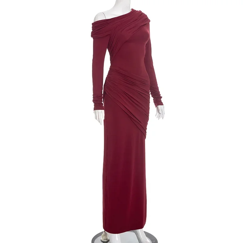 Fmxires Nieuwe Een Schouder Lange Mouw Sexy Maxi Jurk Vrouwen Jurk Elegante Skew Kraag Backless Ruches Bodycon Club Party Jurken