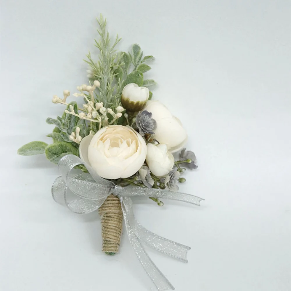 الشمبانيا الزهور الزفاف Boutonniere للرجل سلسلة اليدوية الحرير ارتفع الصدار المعصم العريس دعوى سوار زبرصناعي الرجل