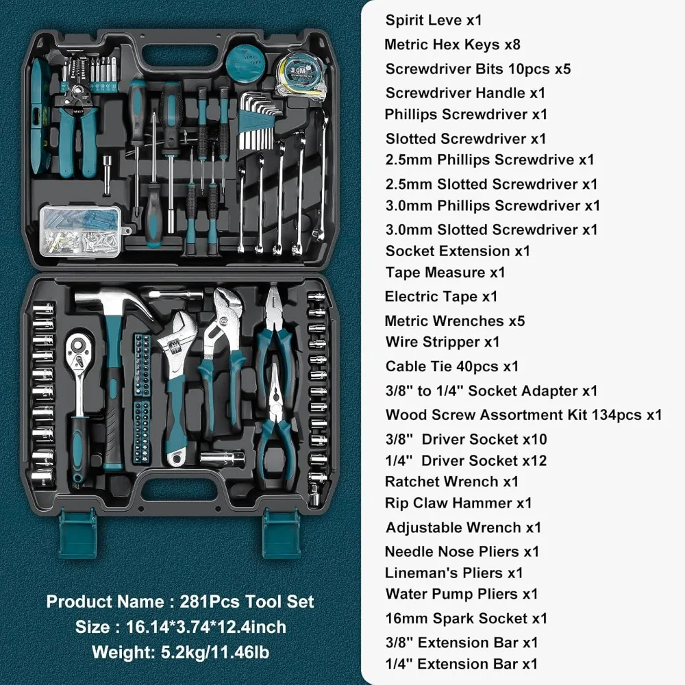 Portable 281-Piece Basic Repair Hand Tool Set - Complete General Purpose Tools for Home Maintenance