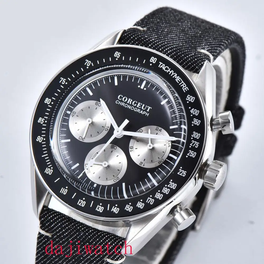 

40MM corgeut Luxury brand 24 hour quartz chronograph all steel Sterile black dial Stainless steel Sapphire glass men's watch