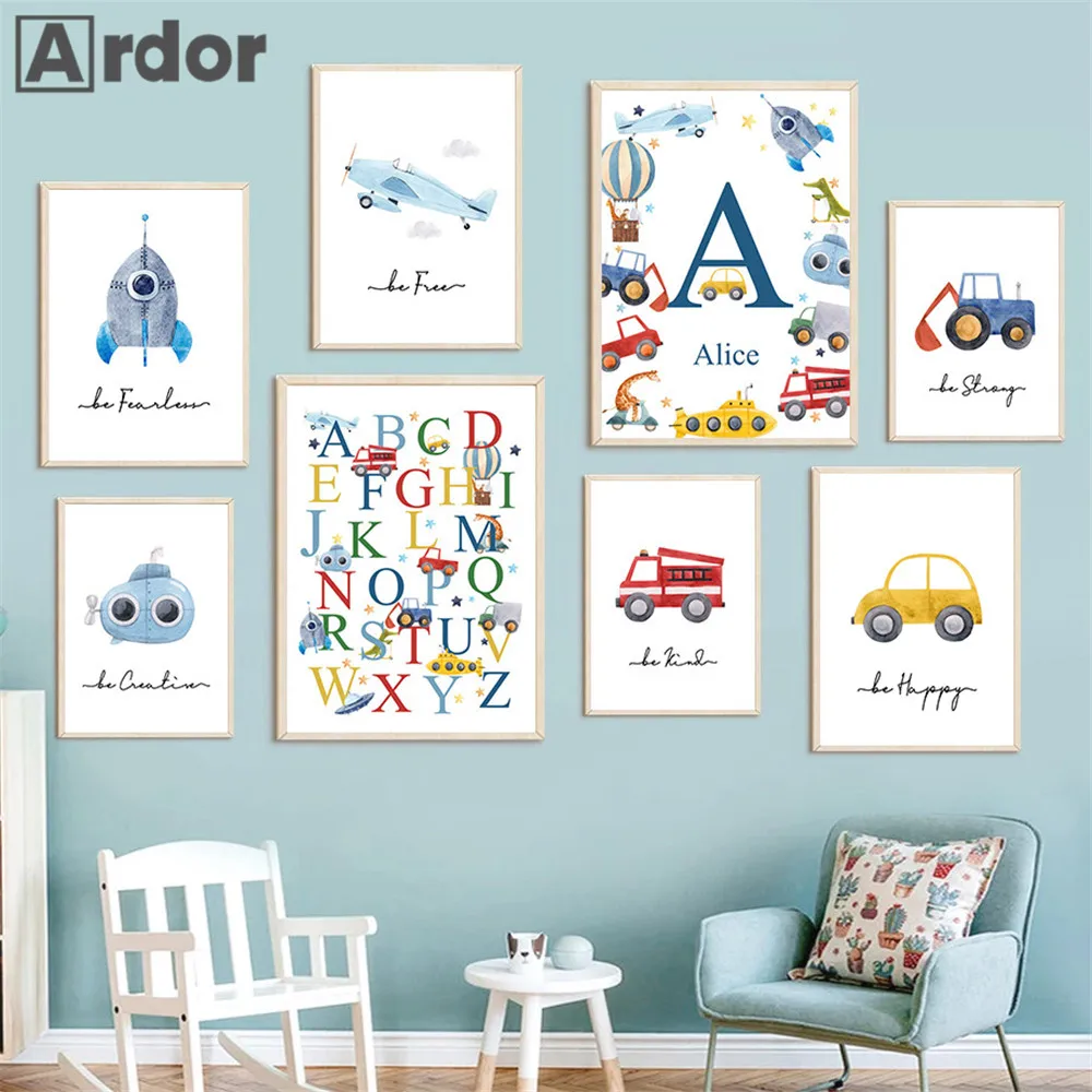 Child Art Posters Car Rocket Airplane Canvas Painting Custom Name Poster Alphabet Print Nursery Wall Pictures Boys Room Decor