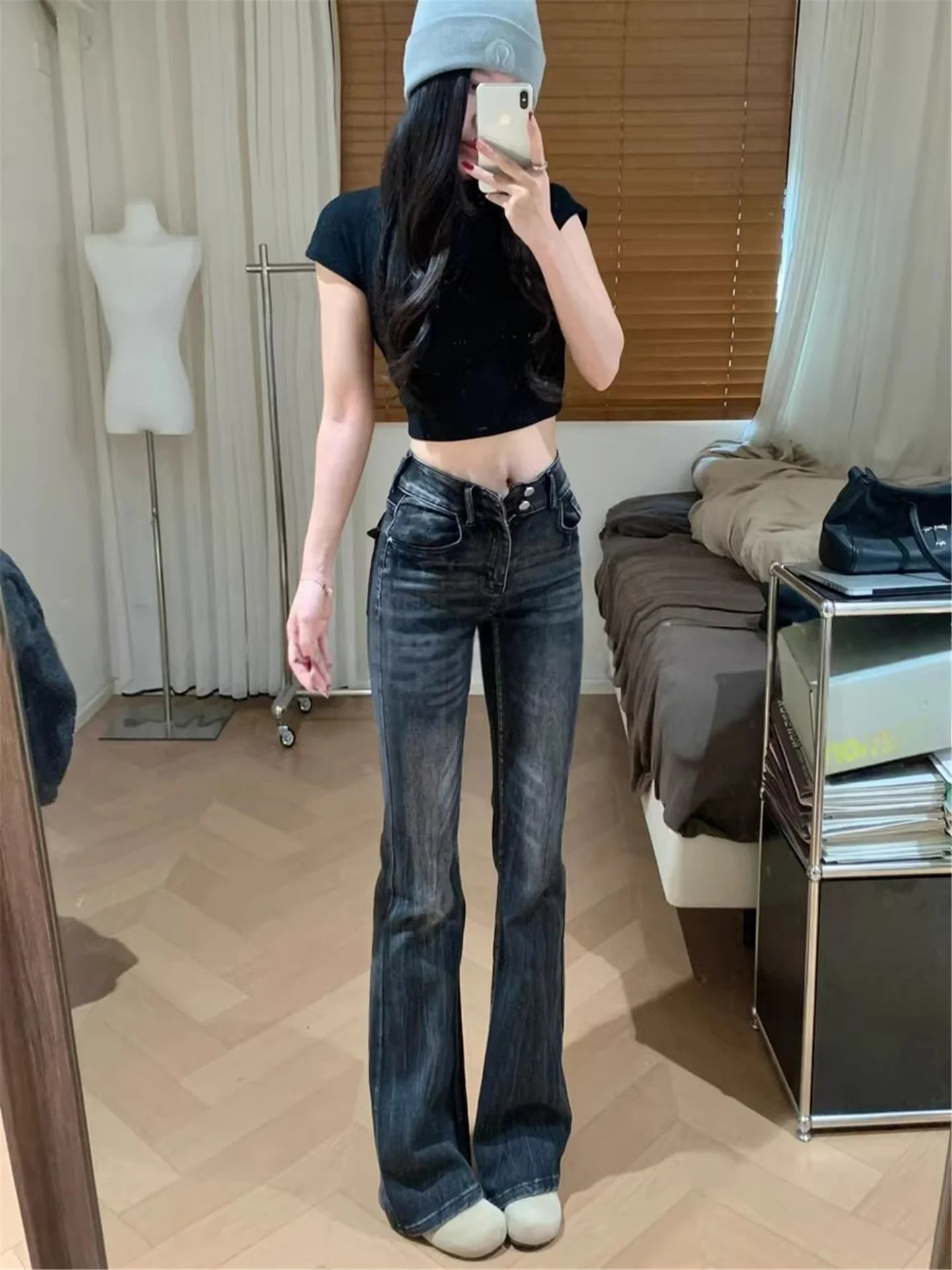 

American Style Vintage Black Bell Bottom Jeans Women's Low Waist Slimming Long Casual Pants High Rise Stretch Cotton Denim