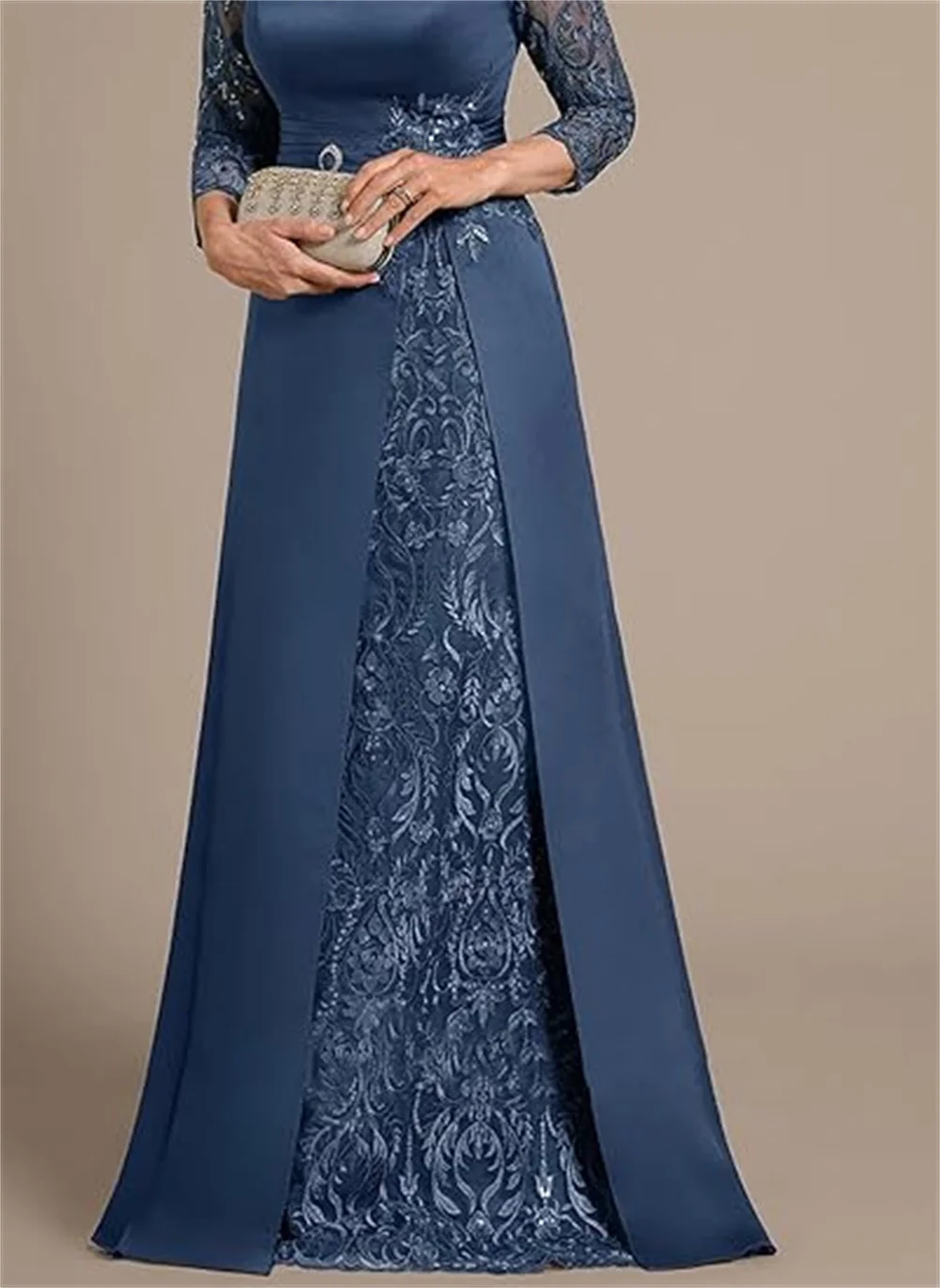 فستان نسائي مخصص باللون الأزرق الملكي مزين بالدانتيل على شكل حرف A فستان أم العروس من الساتان بأكمام طويلة فستان سهرة رسمي للحفلات الراقصة