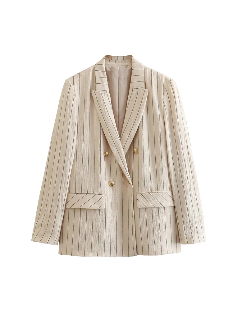 

Kumsvag 2023 Women Summer Blazers Suit Coats Casual Striped Double Breasted Pockets Female Elegant Street OL Blazer Outerwear