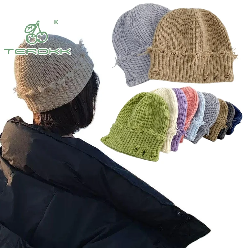 

Модная зимняя эластичная теплая шапка в стиле хип-хоп с рваными полями, вязаная шапка для женщин и мужчин, однотонная шапка для лыж на открытом воздухе