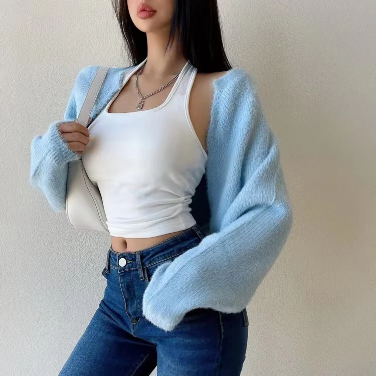 Mohair Knitted Bolero Cardigan for Women Open Front Cropped Shrug Sweater Fuzzy Long Sleeve Trendy Knitwear