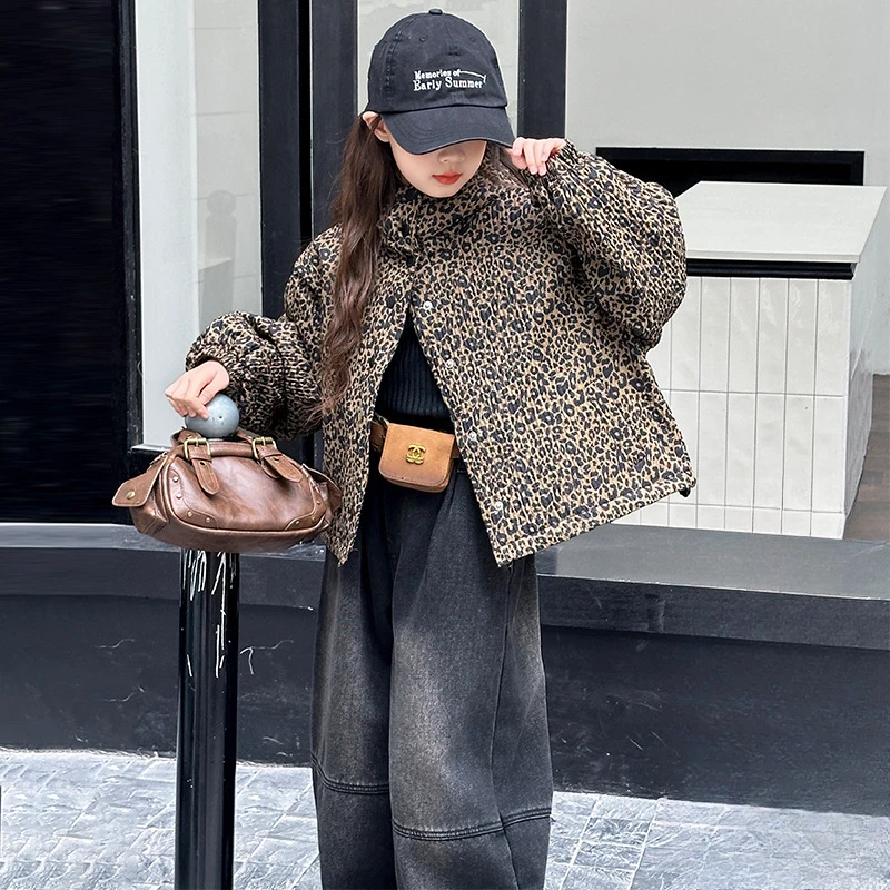 Girls Leopard Print Cotton Jacket Thickened Padded Cotton Warm Coat 2024 New Winter Simple Casual Coat European Fashion Style