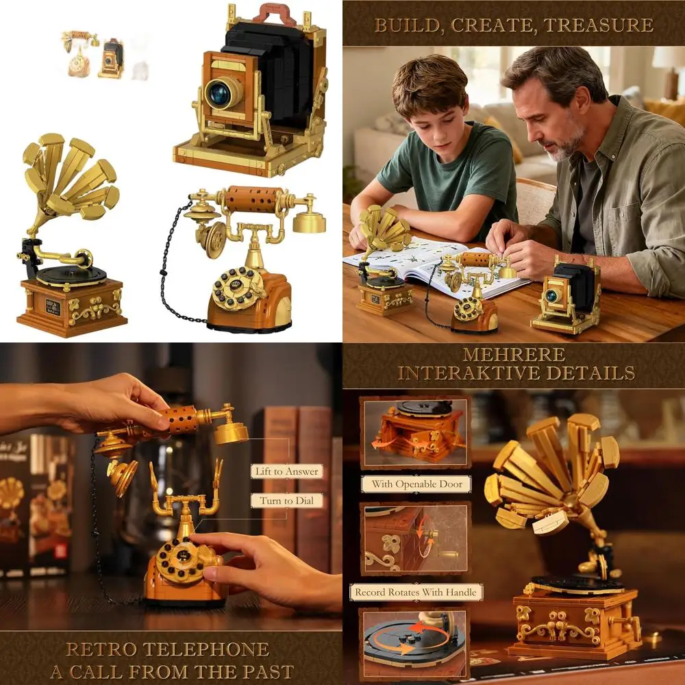 

Vintage 3-in-1 Building Blocks Set: Retro Camera, Telephone & Record Player, 1438 Pieces, Collectible Model Kit for Home/Office,