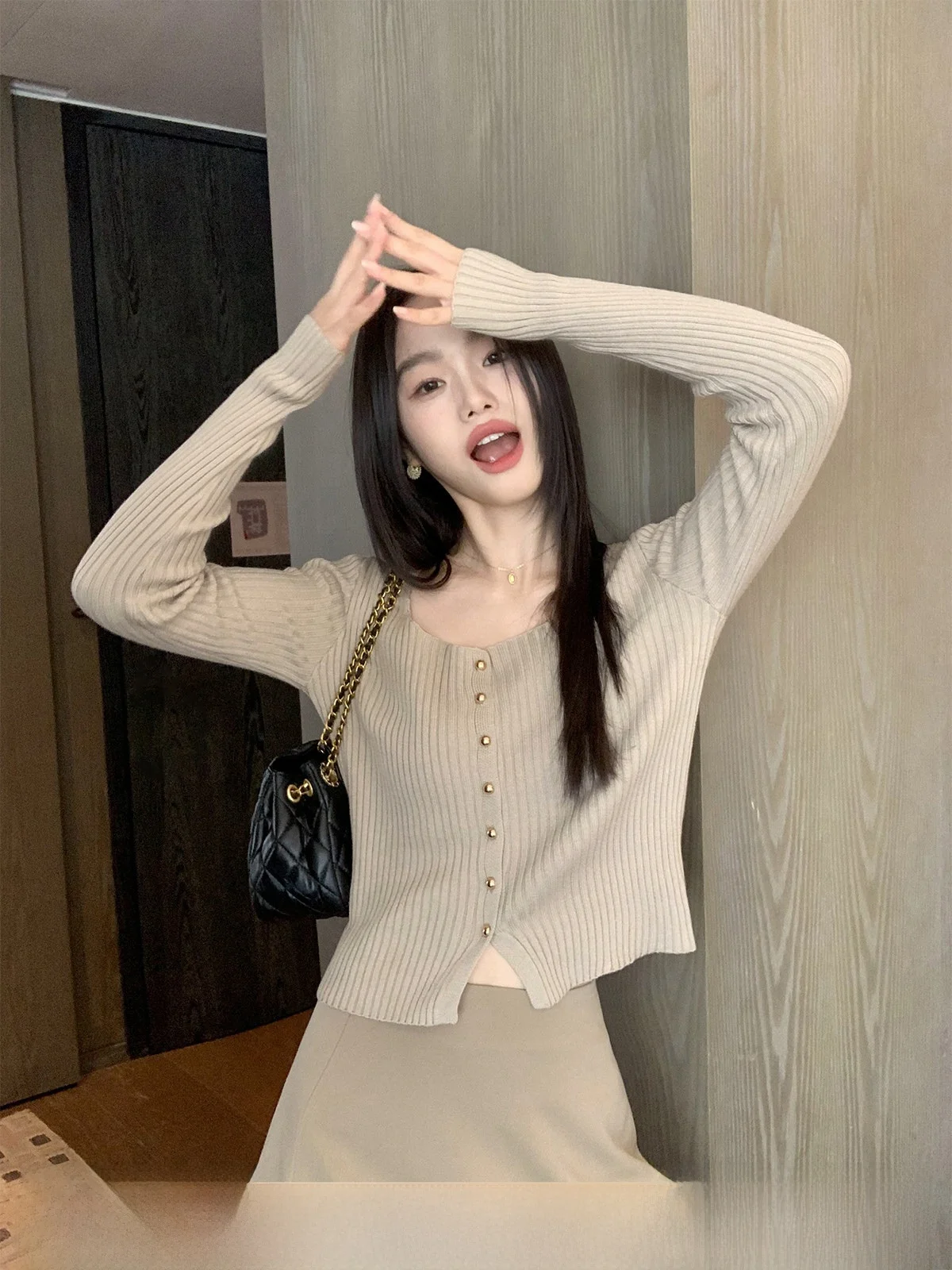 

Slim Fit ort Knitted Cardigan Women's Sle round Ne Open Front Sweater Korean Faion Polyester Blend Long Sve