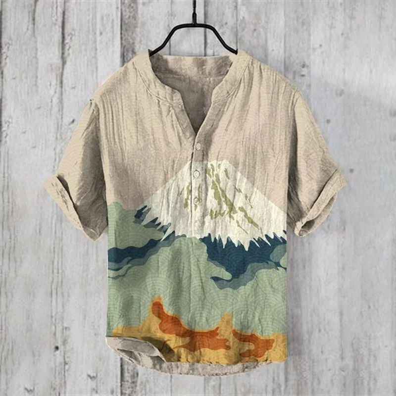 Men\'s Retro Hawaiian Art Print Wave Series 3D Digital Printing Casual Loose Short Sleeve Three-Breasted Shirt Linen 100%