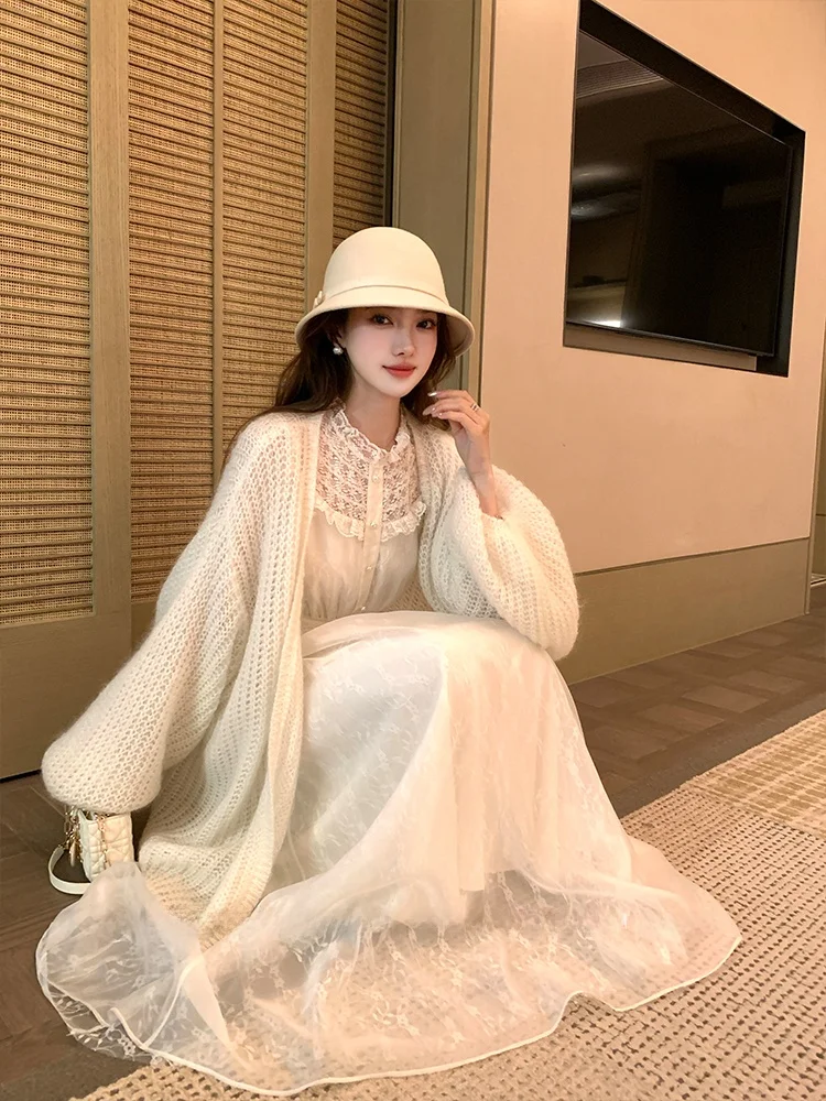 

Acaine Long Lace Dr Women's Autumn Vintage Waist-Cinching Bell Sve Midi Dr French Sle round Ne High Waist Zipper...