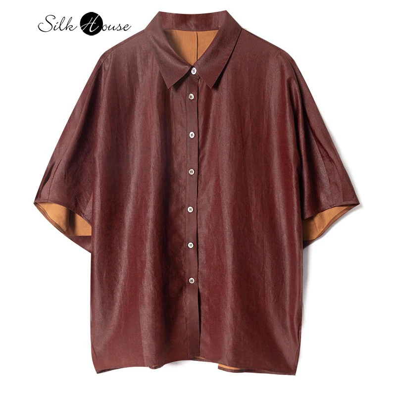 

Red Turn-down Collar 100% Natural Mulberry Silk Red Cloud Yarn Loose Lazy Style Women's Fashion Temperament Half Sleeved Shirt
