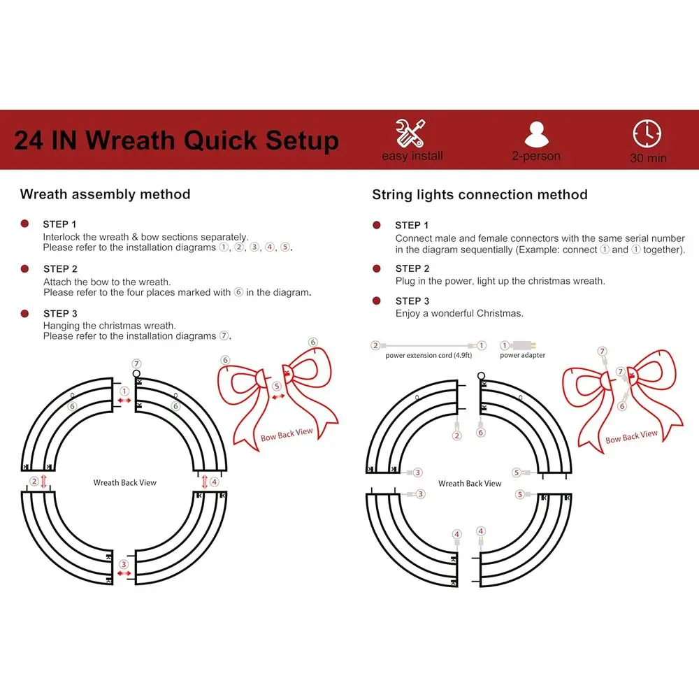 24 ярких светодиодных рождественских венок с красным бантом — большое освещенное наружное украшение для окон и входной двери