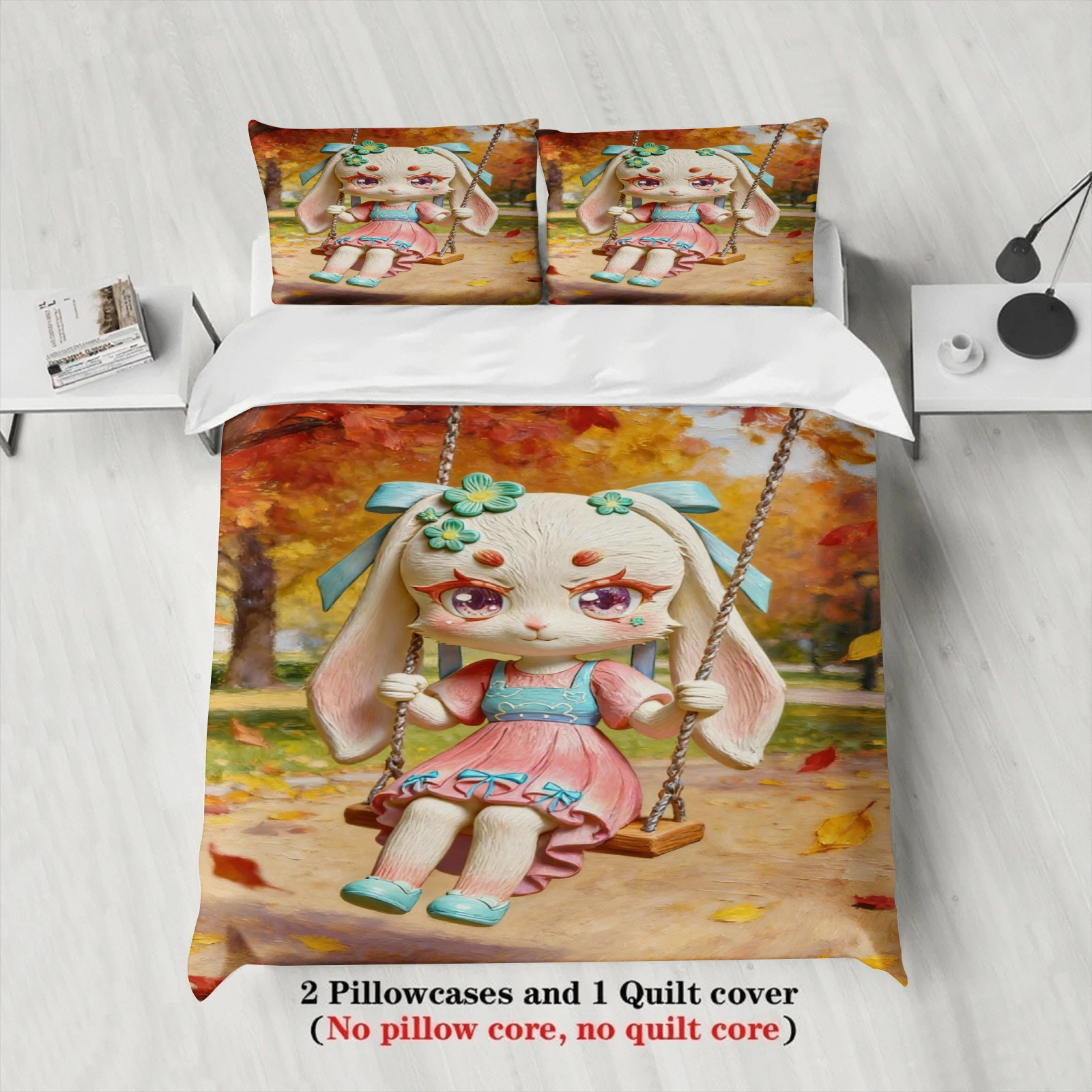 Softville Cozy Town 3PCS Bedding Sets Lop Rabbit Swinging On A Rope Swing Pinted Duvet Cover No filling Cartoon Style Queen Size