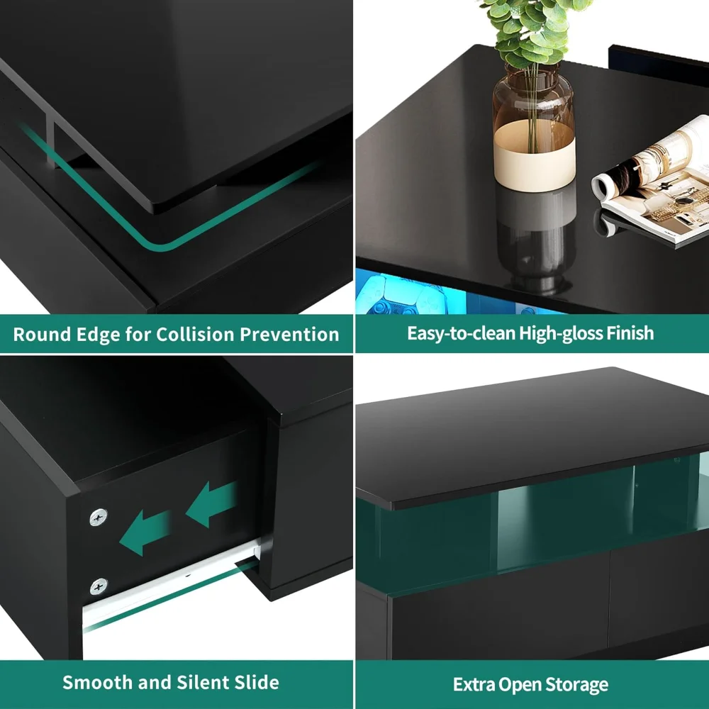 Meja Kopi LED dengan Penyimpanan, Meja Kopi LED Mengkilap Tinggi untuk Ruang Tamu, Meja Kopi Persegi Panjang Hitam Modern