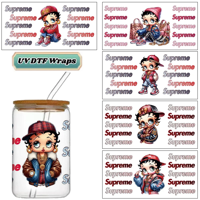 Hip-Hop Streetwear Girl UV DTF Wraps Urban Style Stickers for 16oz Glass Cans Waterproof DIY Transfer Decals