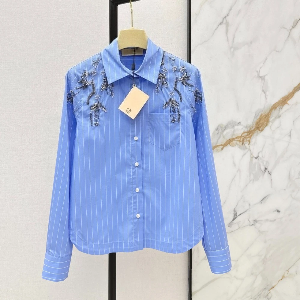 

Новая женская блузка с длинным рукавом, расшитая бисером, элегантная, для офиса и повседневной носки, модная, деловая, повседневная рубашка-топ