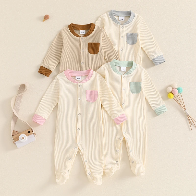 

Spring Autumn Newborn Baby Boys Girls Rompers Clothing Long Sleeve Crew Neck Contrast Color Button Pocket Jumpsuits Overalls