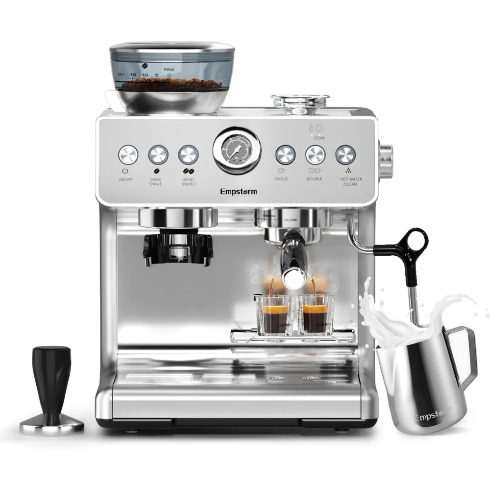 Machine with Grinder, 20 Bar Semi Automatic Espresso Coffee Maker with Milk Frother for Home Barista Commercial Use