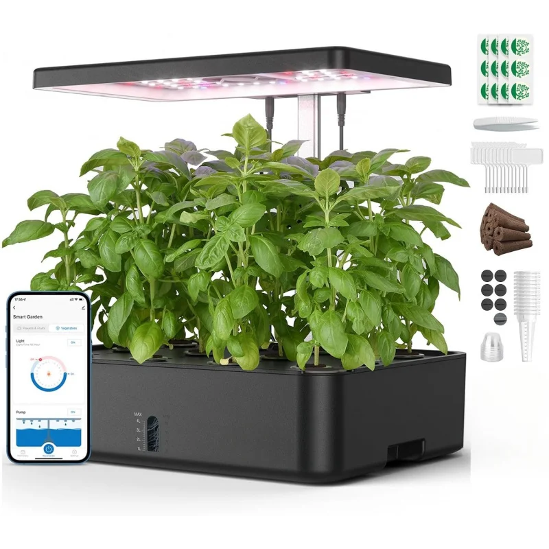 

Комплект для гидропоники на 12 растений с Wi-Fi, светодиодной лампой для выращивания и вентилятором, автоматическим таймером, регулируемой высотой, для домашнего огорода, подарок