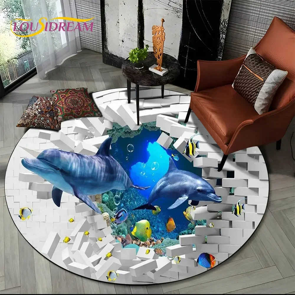 Круглый коврик с 3D подводным дельфином — нескользящий напольный коврик с иллюзией морского дна для декора гостиной, спальни и игровой комнаты
