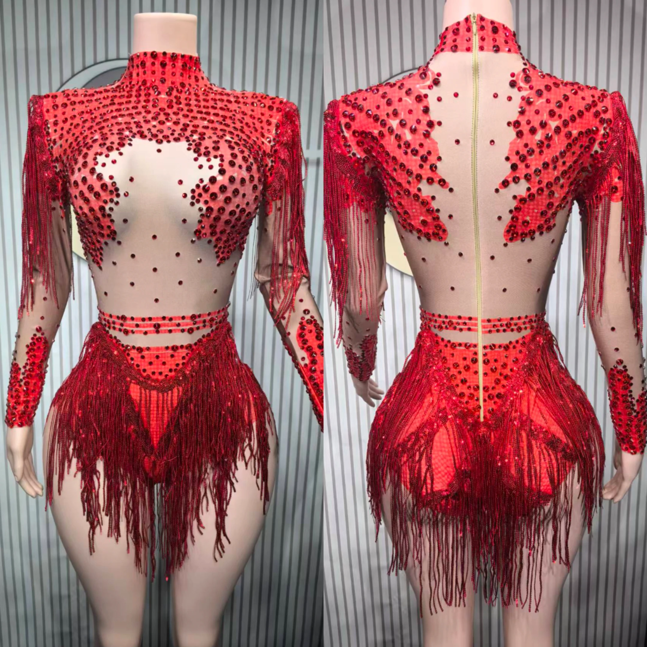 Zilveren strass stretch bodysuits met lange mouwen voor dames sexy avond luxe feest nachtclub toneelkostuum bodysuit