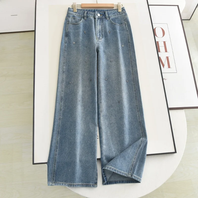 

Slimming Wide Leg Jeans Women's Straight Cut Denim Pants Fall 2024 Faion Design Starry Sparkling Heavy Drill