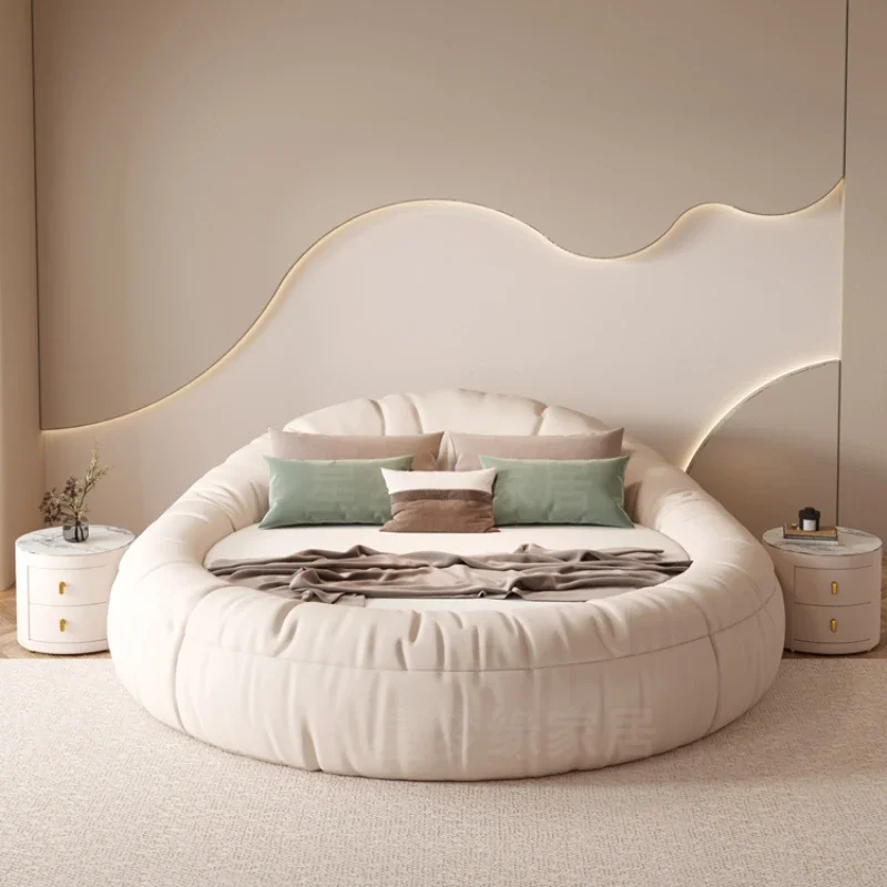 

Cream style large round bed technology fabric bed circular double princess sleeper couple homestay hotel children's romantic